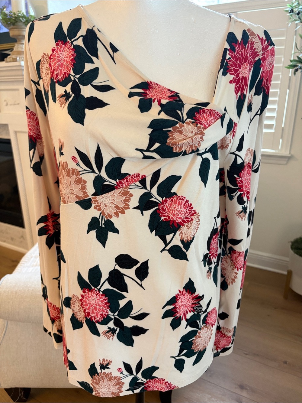 Ann Taylor Ivory Floral Long-Sleeve Drape Neck Blouse